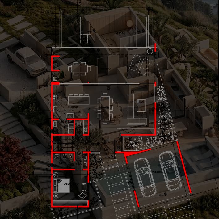 Render 3D con plano de distribución técnico superpuesto