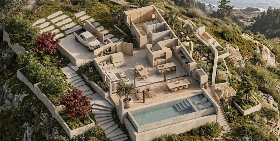 Render 3D aéreo de vivienda unifamiliar sobre acantilado